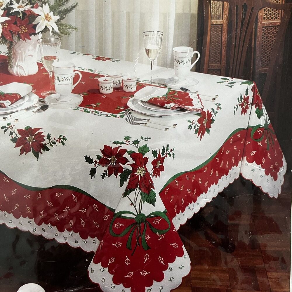 Cheers for a Happy Holiday Tablecloth Cotton/Poly 52x70 Scalloped Edge No Iron